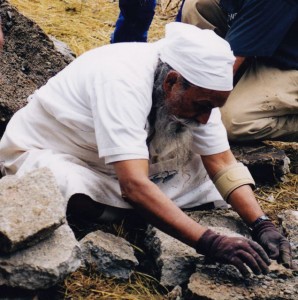 Babaji working on a rock wall project in the spirit of Karma Yoga, 2000