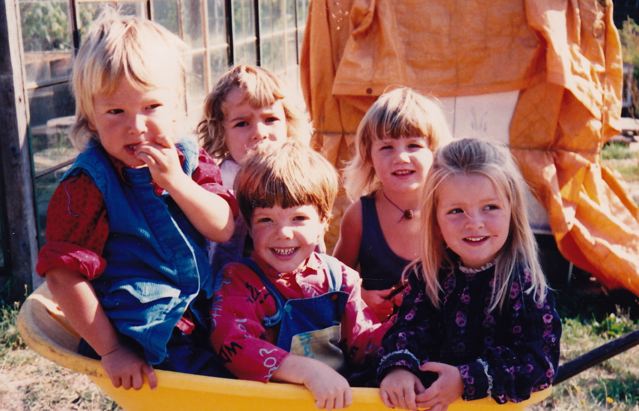 Wheelbarrow full of kids, 1989  Joah, Chrisana, Mason, Mamata, Soma