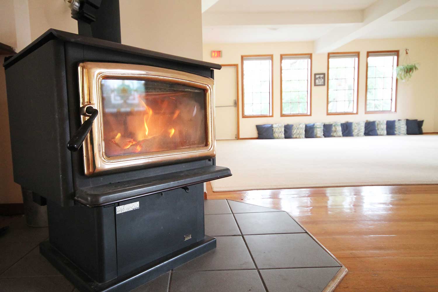 Satsang Room fireplace at The Salt Spring Centre of Yoga