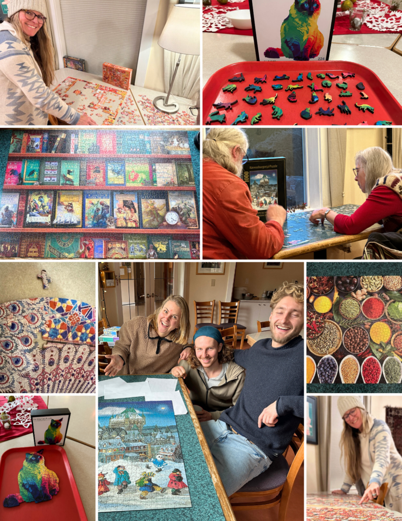 Photo collage of people doing puzzles