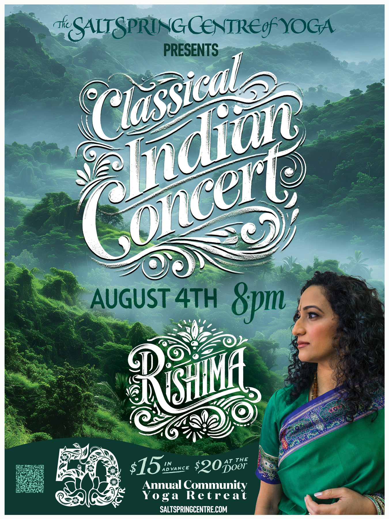 Classical Indian Concert with Rishima Bahadoorsingh, August 4, 2024 at 8 pm, Salt Spring Centre of Yoga, 355 Blackburn Road Salt Spring Island, BC